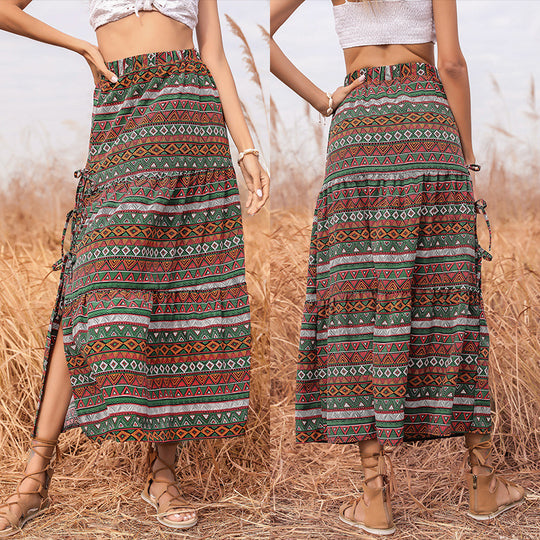 Damen Maxi-Stufenrock mit elastischem Taillenbund, seitlichen Knotendetails und Ethno-Print Shop Nory