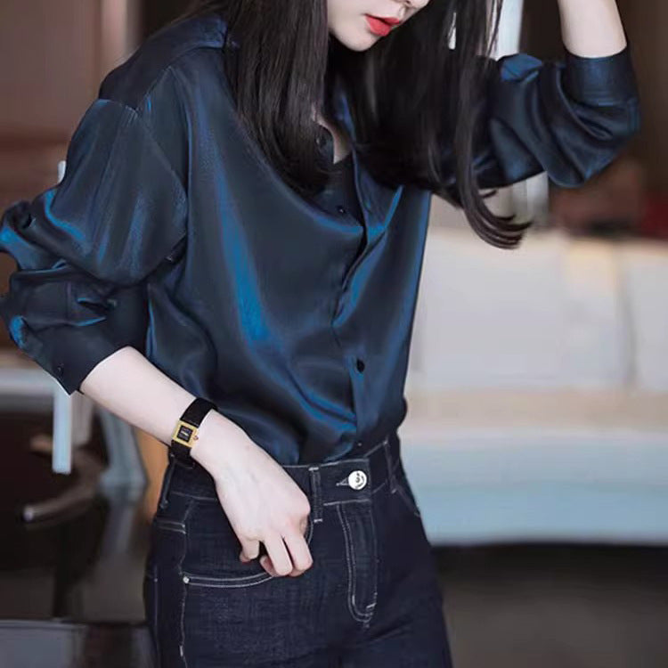 Damen Elegante satinierte Bluse mit Stehkragen Shop Nory