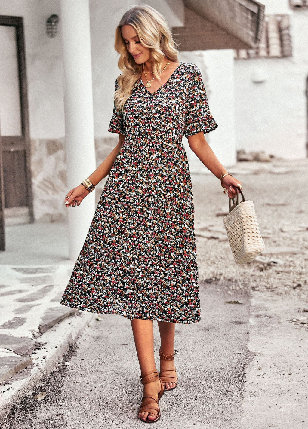 Damen Midi-Kleid mit Floralem Muster und Verspieltem V-Ausschnitt