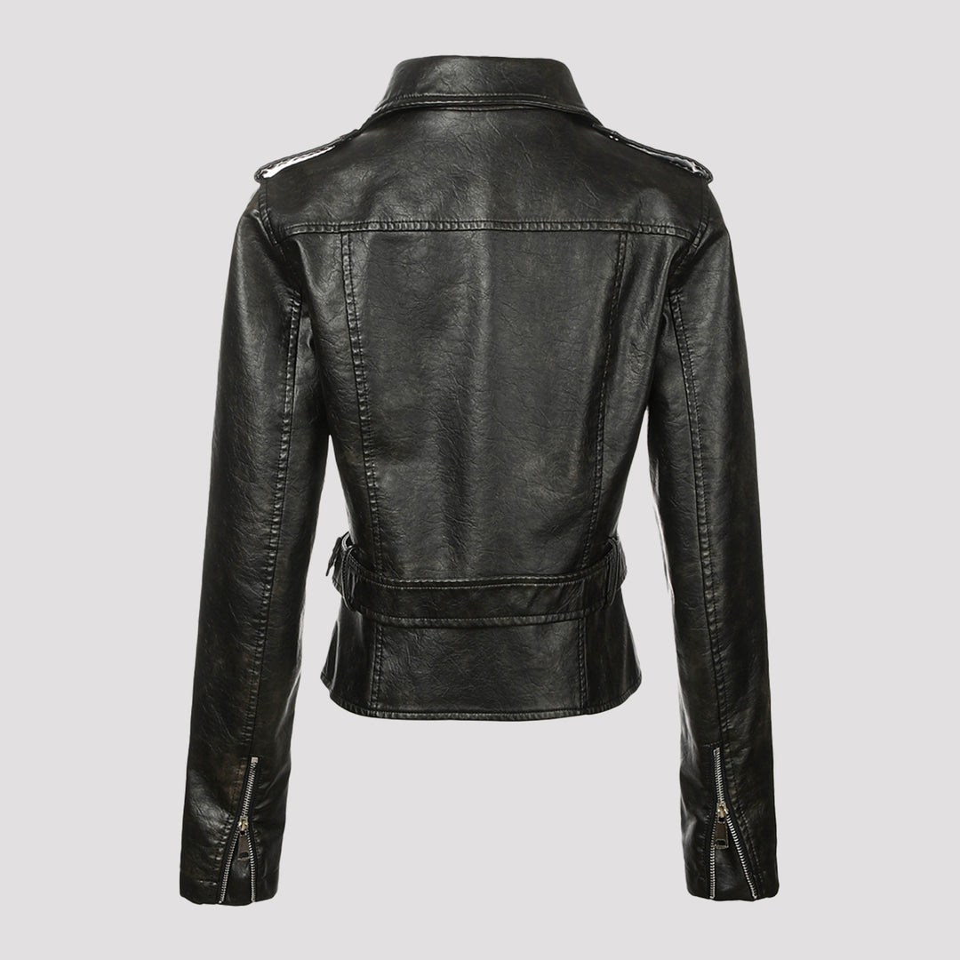 Damen Kurzjacke im Bikerstil aus weichem Kunstleder mit asymmetrischem Reißverschluss und Taillengürtel Shop Nory