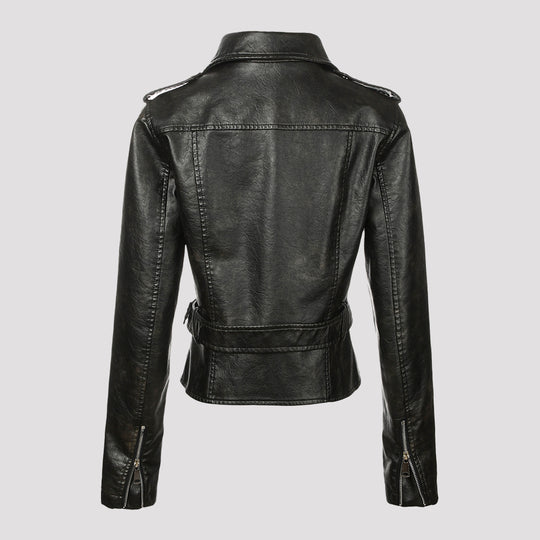 Damen Kurzjacke im Bikerstil aus weichem Kunstleder mit asymmetrischem Reißverschluss und Taillengürtel Shop Nory