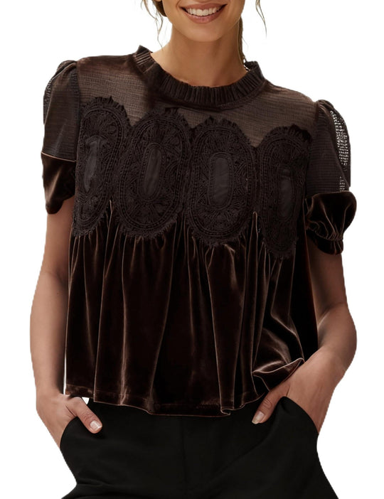 Damen Samtbluse mit Spitzenbesatz, transparentem Einsatz und geraffter A-Linie Shop Nory