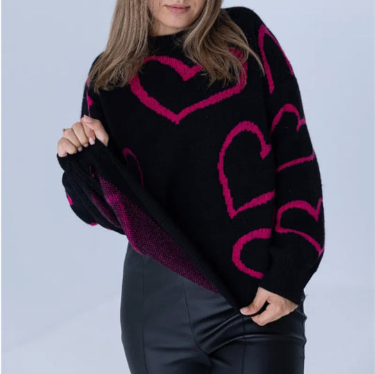 Damen Kuscheliger Jacquard-Pullover mit Herzmotiv und lockerer Oversize-Passform Shop Nory