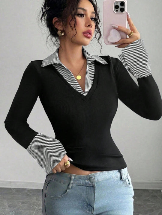 Damen Figurbetontes Feinstrick-Top mit Hemdkragen und Kontrastmanschetten Shop Nory