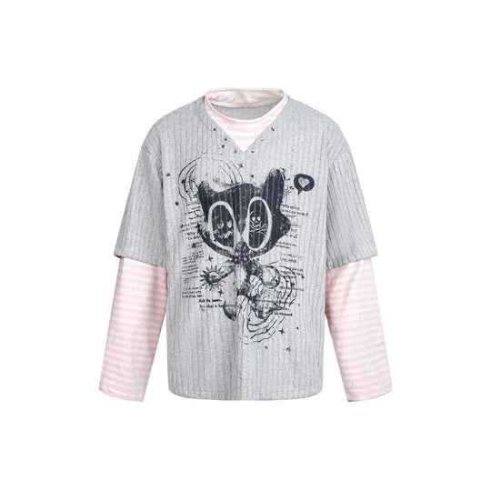 Damen Lagenlook-Longsleeve mit gestreiften Ärmelärmeln und grafischem Statement-Print Shop Nory