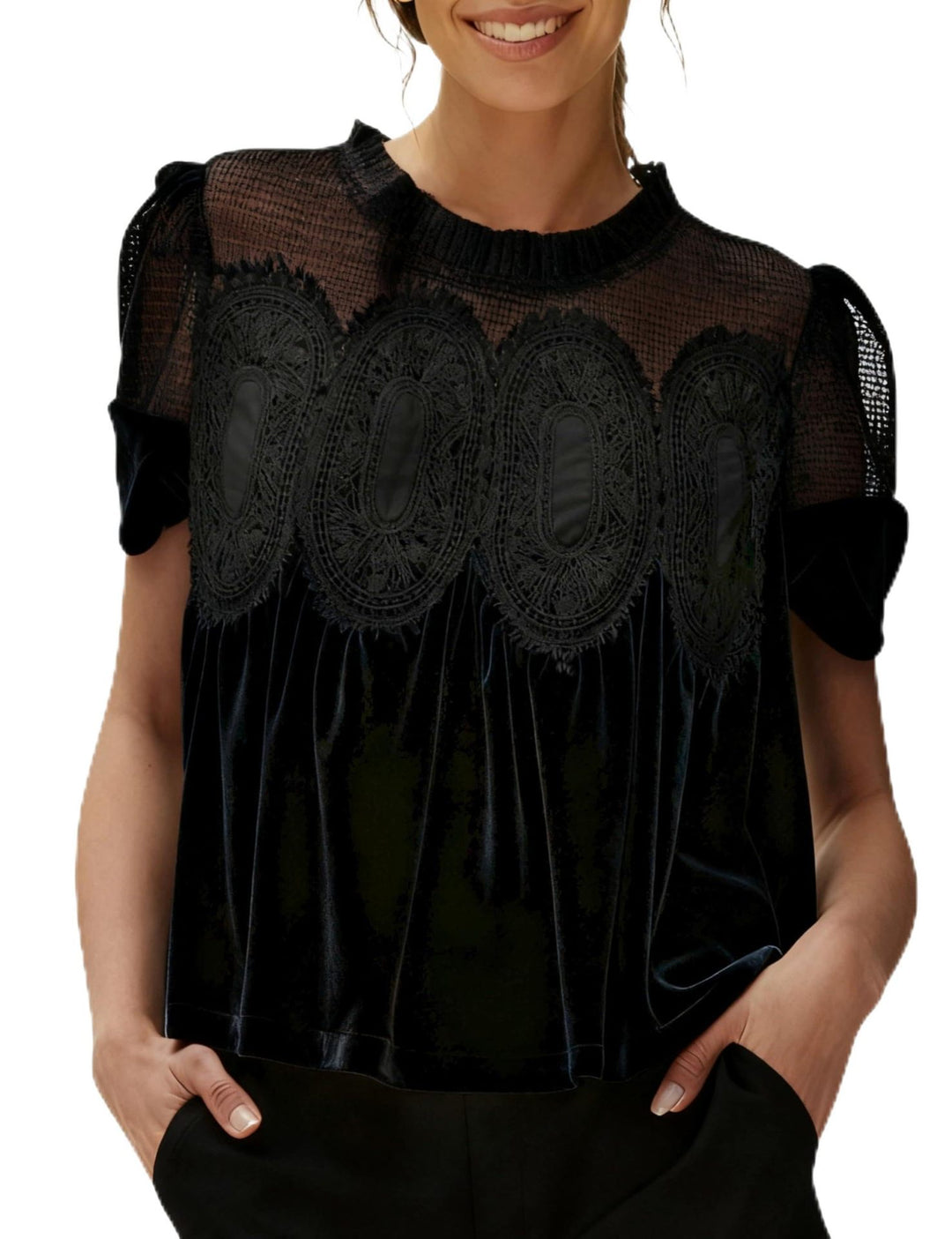 Damen Samtbluse mit Spitzenbesatz, transparentem Einsatz und geraffter A-Linie Shop Nory