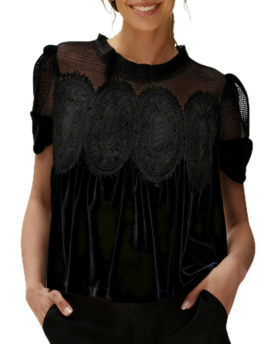 Damen Samtbluse mit Spitzenbesatz, transparentem Einsatz und geraffter A-Linie Shop Nory