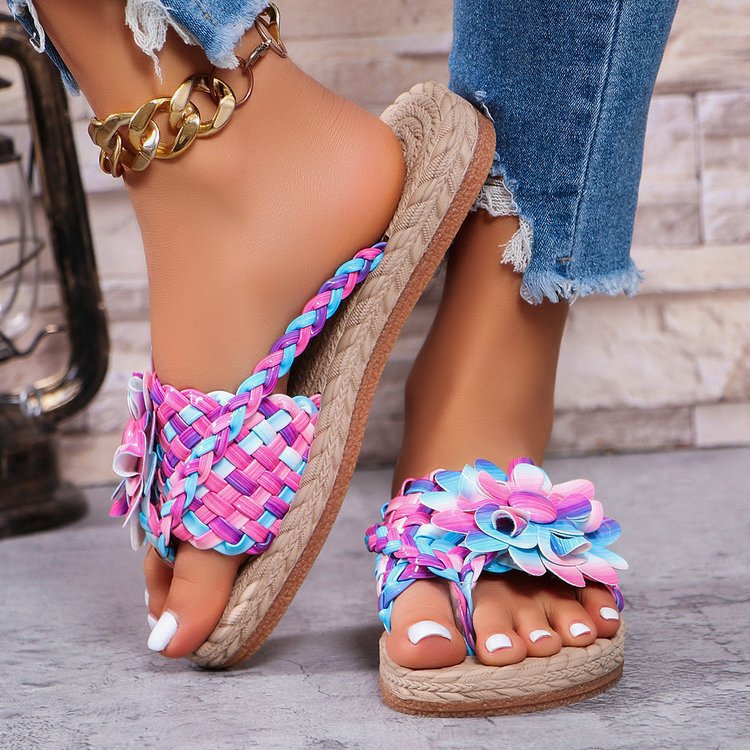 Damen Geflochtene Zehentrenner‑Sandalen mit XXL‑Blütenapplikation und gepolstertem Komfortfußbett Shop Nory