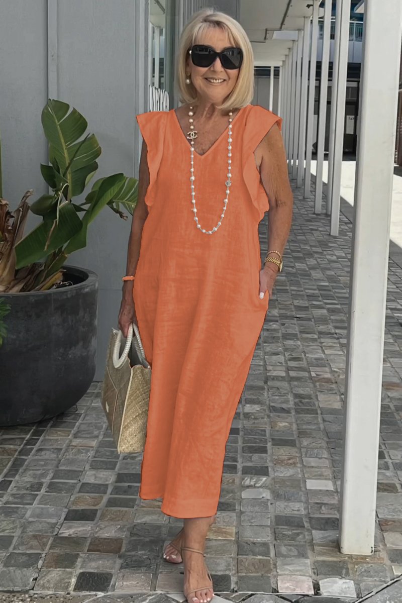 Damen Maxikleid mit V-Ausschnitt und angeschnittenem Ärmel