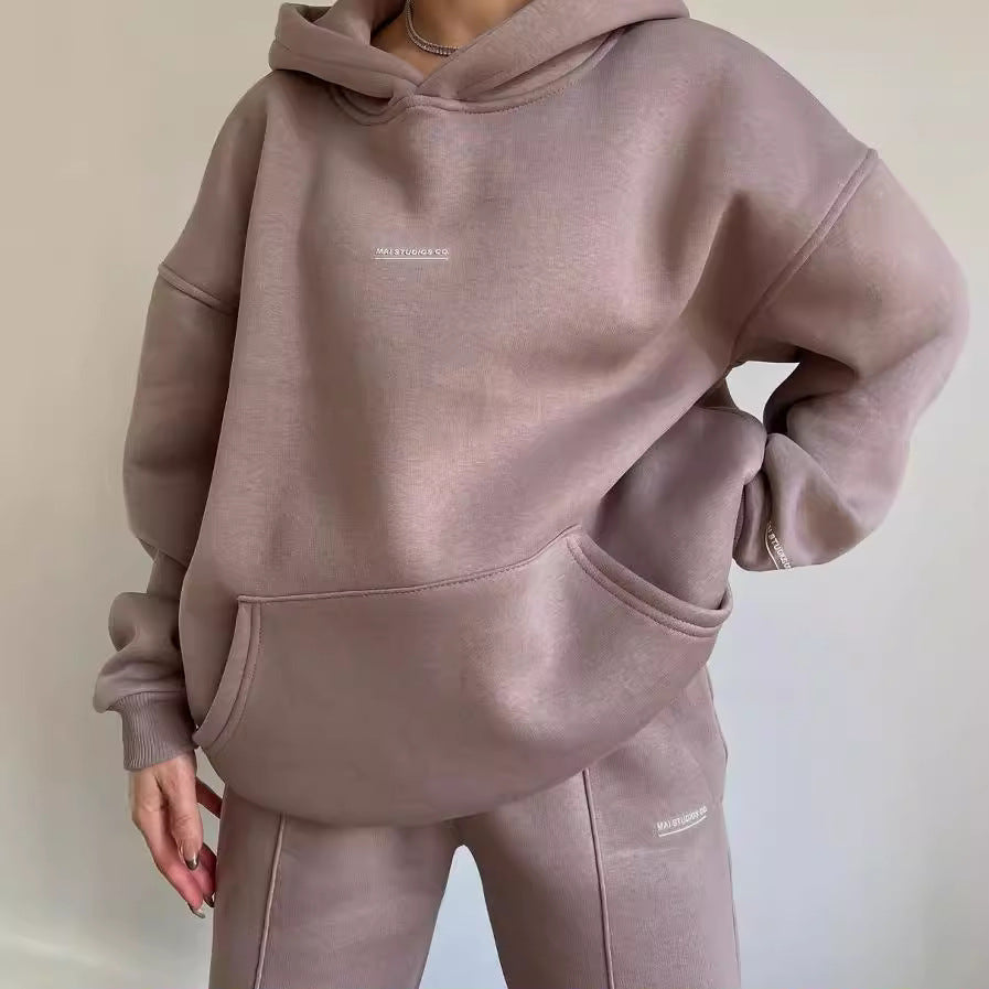 Damen Set Schwere French‑Terry Oversize‑Kapuzenpullover mit Kängurutasche und Slim‑Jogginghose Shop Nory