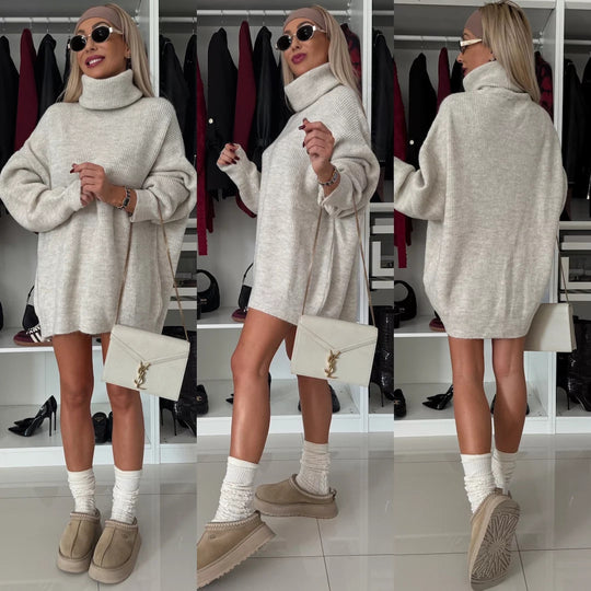 Damen Lässiges Oversized Strick-Minikleid mit hohem Rollkragen und Ballonärmeln Shop Nory