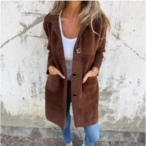 Damen Teddy-Mantel mit Oversize-Kragen, dekorativen Knöpfen und Eingrifftaschen Shop Nory