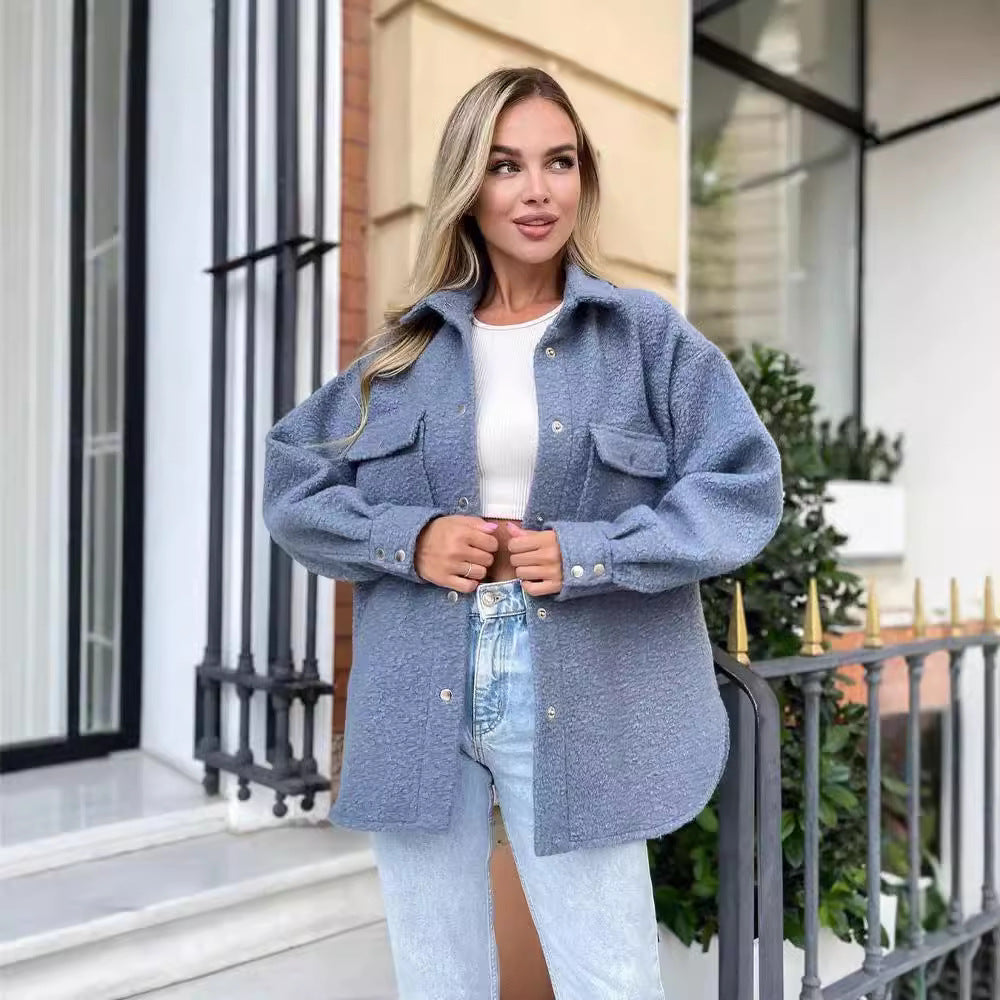 Damen Oversized Teddy-Übergangsjacke mit Brusttaschen und Druckknöpfen Shop Nory