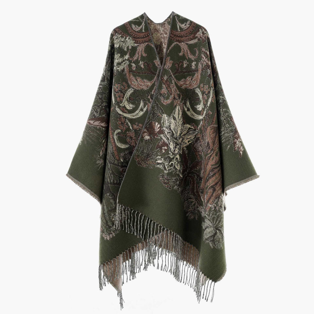Damen Ornamentaler Jacquard‑Überwurf im Cape‑Stil mit Fransensaum Shop Nory