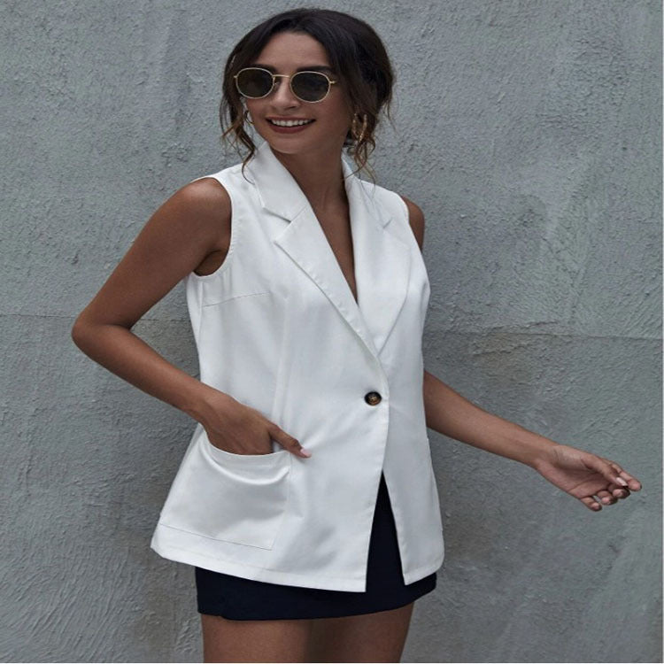 Damen Ärmellose lange Blazerweste im Tailoring mit Ein-Knopf-Verschluss und aufgesetzten Pattentaschen Shop Nory