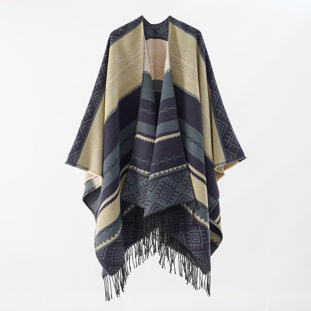 Damen Woven Jacquard-Poncho mit geometrischem Ethno-Muster und Fransensaum Shop Nory