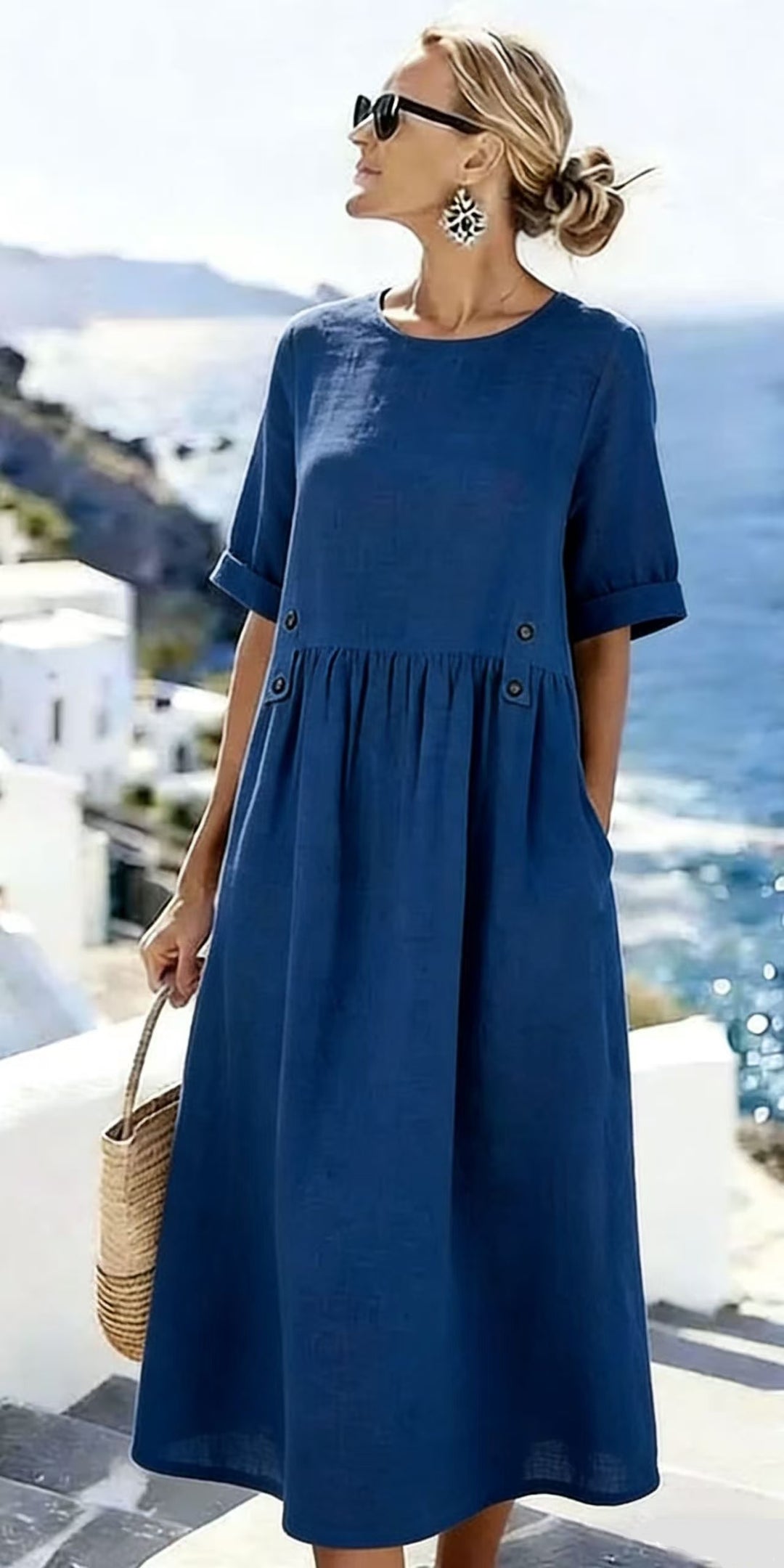 Damen Langes Leinenoptik-Sommerkleid mit geraffter Taillenpartie und Eingrifftaschen Shop Nory
