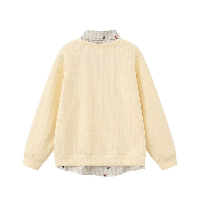 Damen Lagen-Look Strickpullover mit angenähter Hemdblende, Sternapplikationen und Ketten‑Charm Shop Nory
