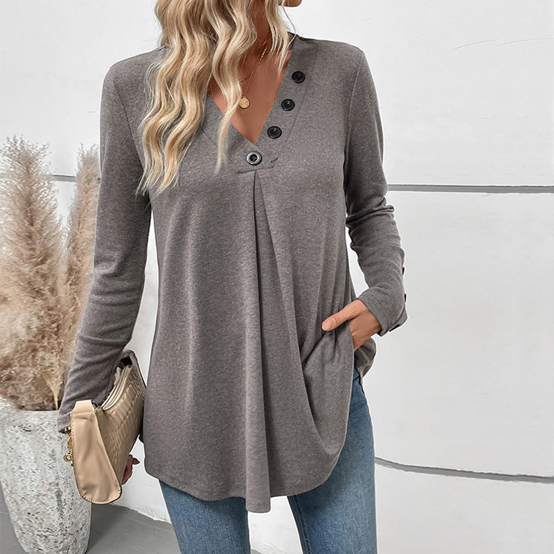 Damen Längeres V‑Ausschnitt‑Tunika‑Shirt mit Zierknöpfen, Kellerfalte und ausgestelltem Saum Shop Nory