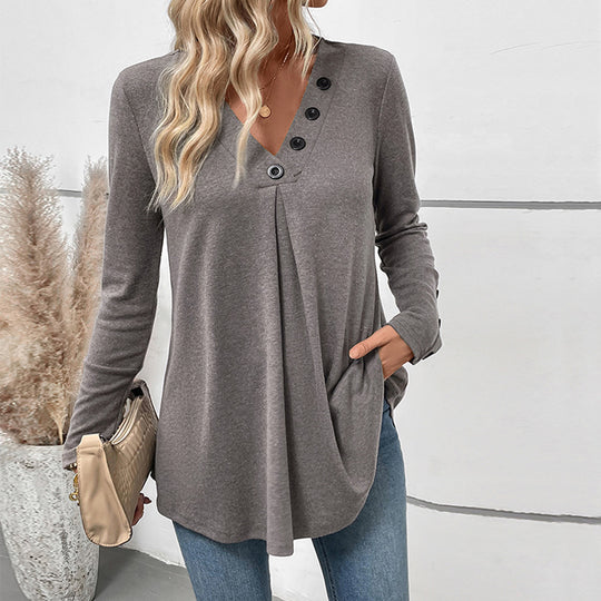 Damen Längeres V‑Ausschnitt‑Tunika‑Shirt mit Zierknöpfen, Kellerfalte und ausgestelltem Saum Shop Nory