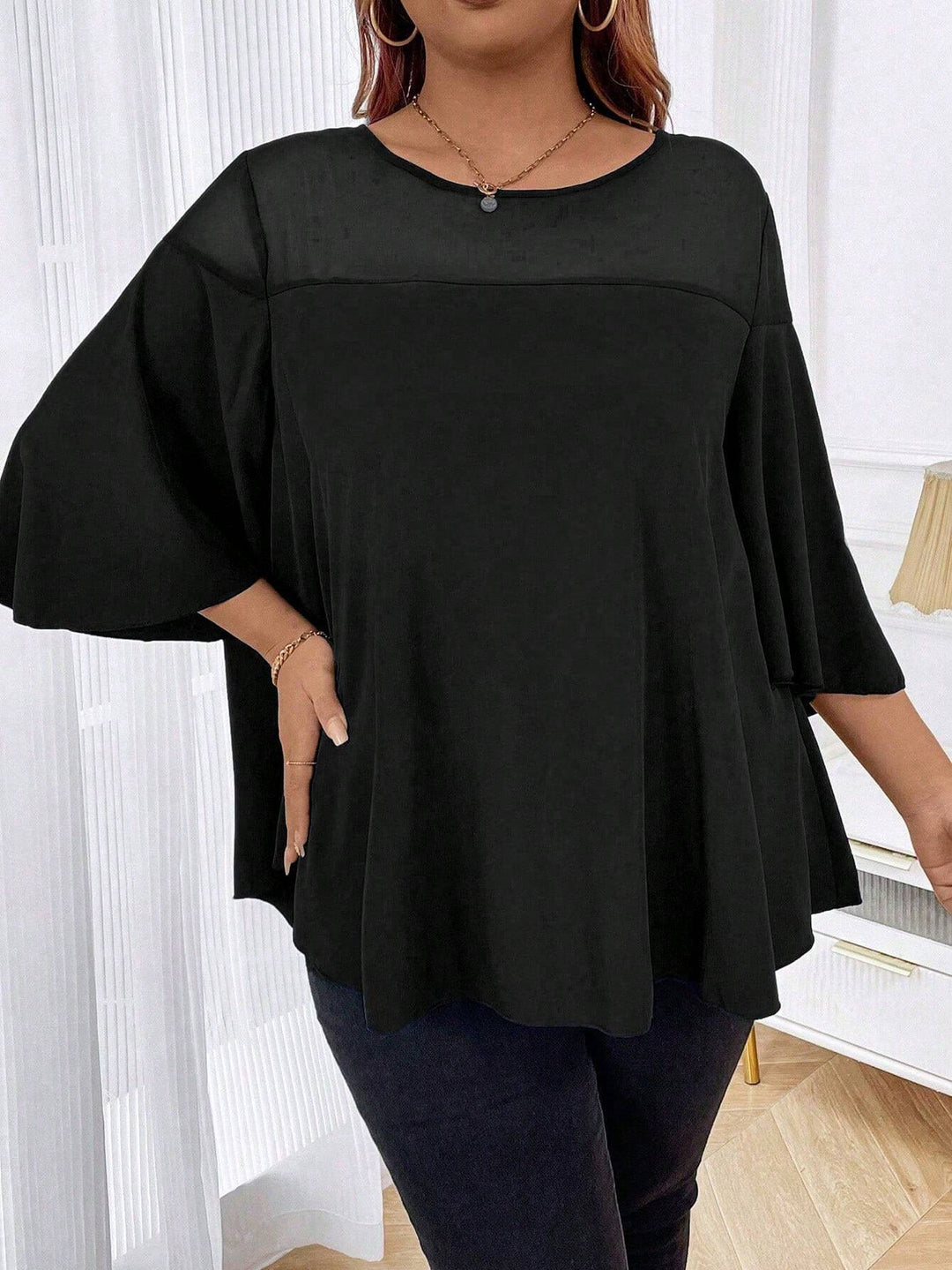Damen Weites Chiffon-Tunika-Top mit transparentem Einsatz und Flügelärmeln Shop Nory