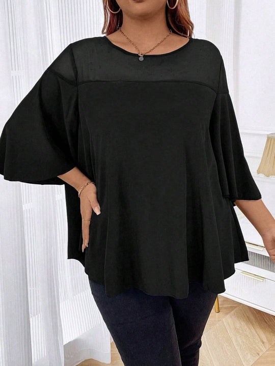 Damen Weites Chiffon-Tunika-Top mit transparentem Einsatz und Flügelärmeln Shop Nory