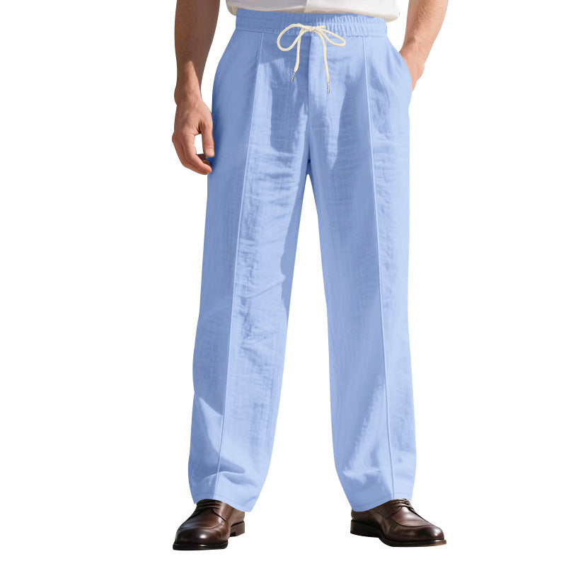 Herren nan legere Leinen-Bundfaltenhose mit elastischem Bund und Kordelzug