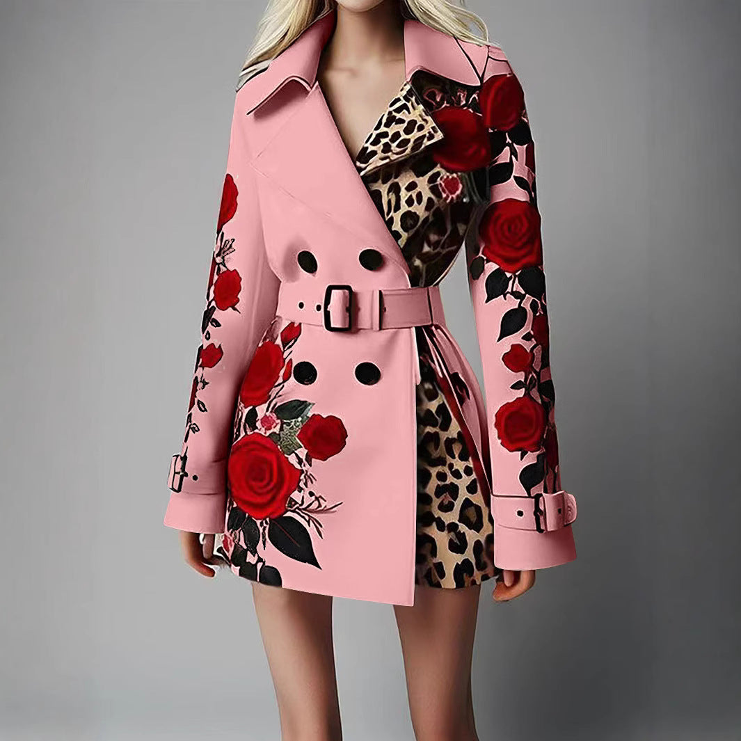 Damen Taillierter Trenchcoat mit Rosenprint und Leoparden-Innenfutter Shop Nory