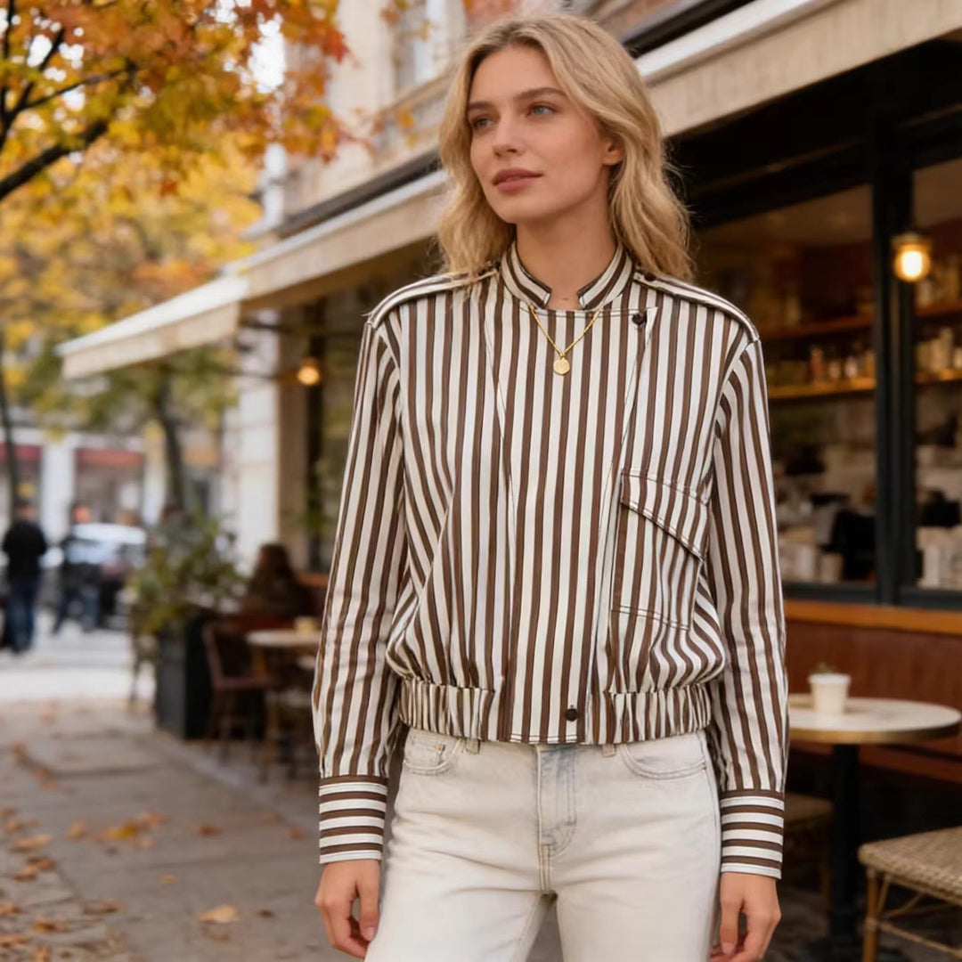 Damen Gestreifte Blouson-Hemdbluse mit Stehkragen, Schulterklappen und elastischem Saum Shop Nory