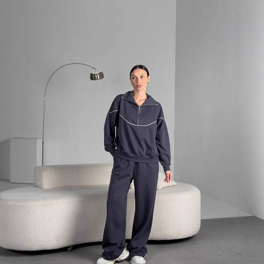 Damen Lockeres Loungewear-Set mit halbhohem Reißverschluss, überschnittenen Schultern und weiter Palazzohose Shop Nory