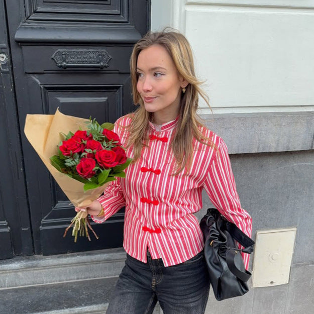 Damen Gestreifte Mandarin-Kragen Bluse mit dekorativen Knotenverschlüssen Shop Nory