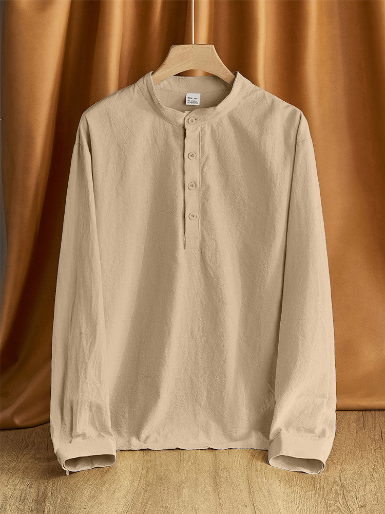 Herren Leinen-Mix Langarmshirt Henley mit Stehkragen Shop Nory