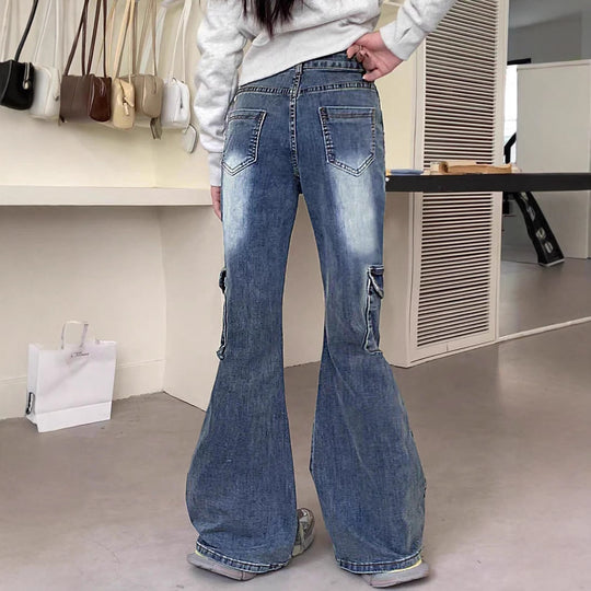 Damen weite ausgestellte Jeanshose im Cargostil mit Zierbändern, Spitzenapplikationen und Mehrfachtaschen Shop Nory