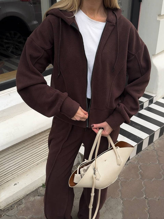 Damen Fleece-Lounge-Set mit kurzem Reißverschluss-Hoodie und taillenhoher Kordel-Jogginghose Shop Nory