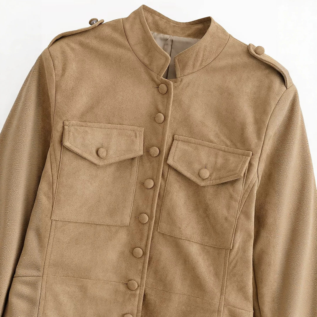 Damen taillierte Safari-Jacke in Velourslederoptik mit Pattentaschen Shop Nory