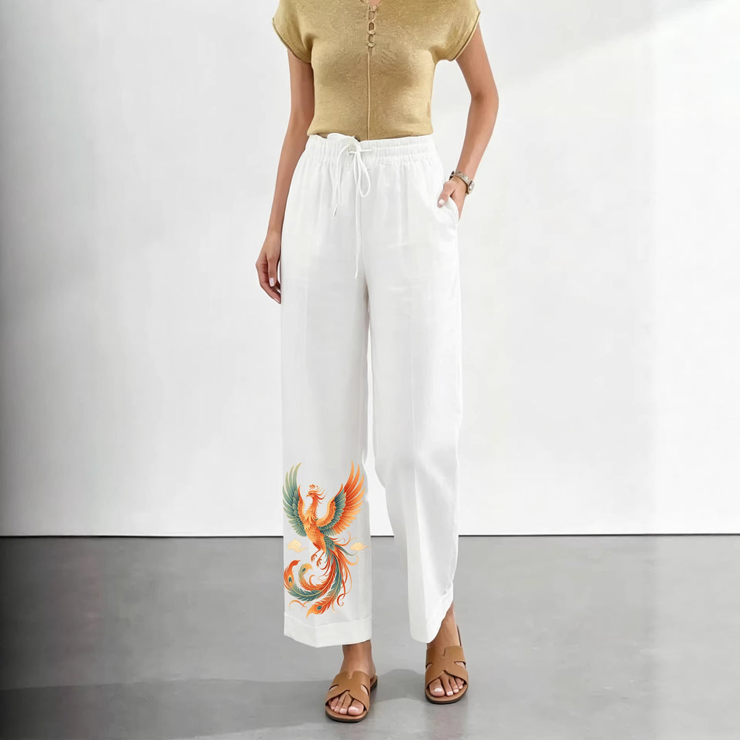 Damen nan lässige Leinen-Baumwoll Culotte mit elastischem Bund und Tigerstickerei Shop Nory
