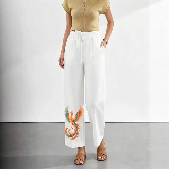 Damen nan lässige Leinen-Baumwoll Culotte mit elastischem Bund und Tigerstickerei Shop Nory