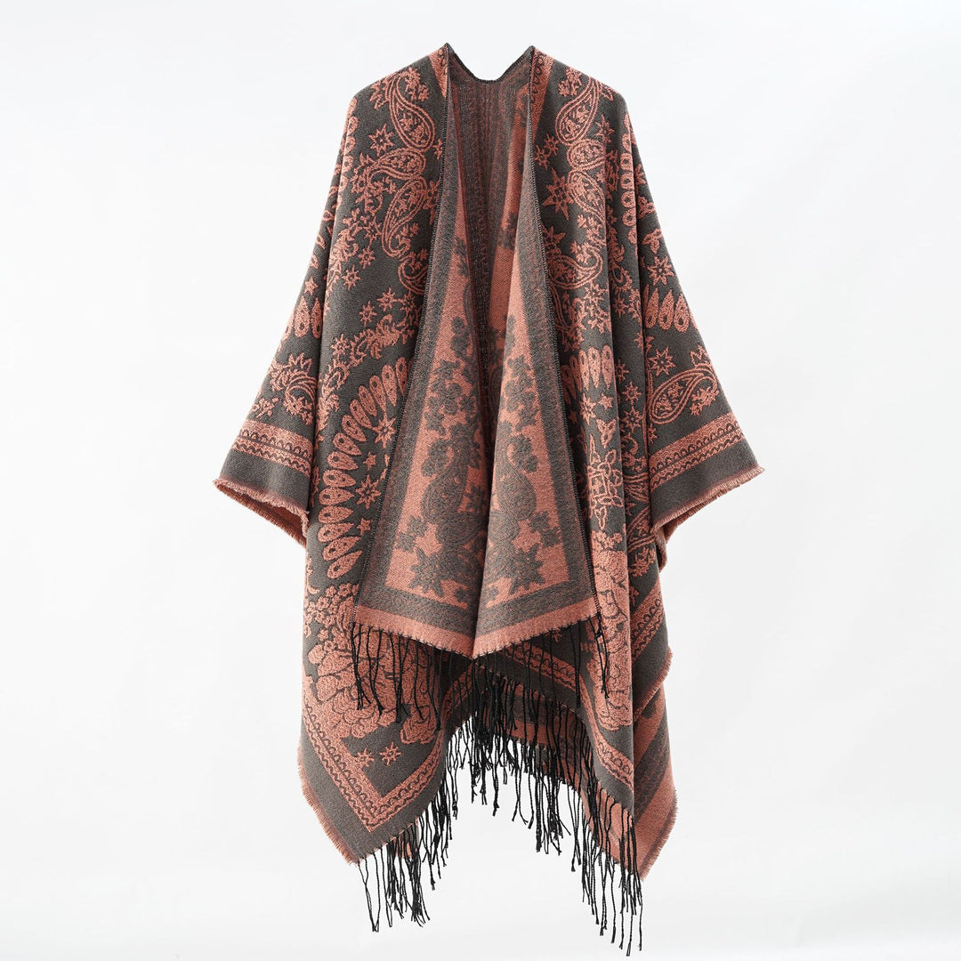 Damen Jacquard-Umhangponcho aus Wollmix mit beidseitigem Paisley-Jacquard und Fransen Shop Nory