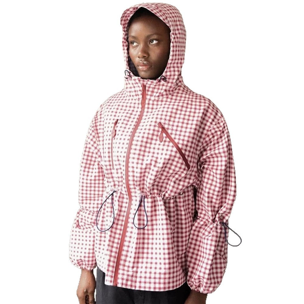 Damen Karo-Windbreaker mit Taillenzug, Kapuze und Reißverschluss Shop Nory