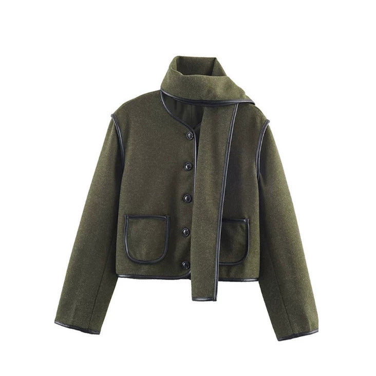 Damen Kurzjacke im Boxy-Cut aus Wollmix mit integriertem Schlitzschal und Lederpaspeln Shop Nory