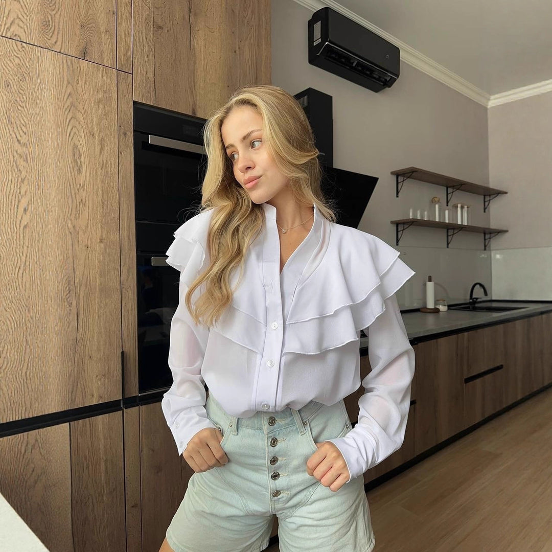 Damen Chiffon-Bluse mit mehrlagiger Volant-Rüsche und Perlmuttknöpfen Shop Nory