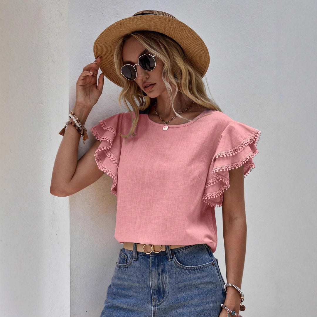Damen Bluse mit Volantärmeln und Pompon-Spitzenbesatz Shop Nory