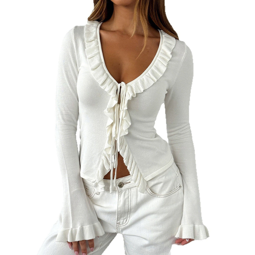 Damen nan tailliertes Rüschen-Feinstrick-Cardigan mit Bindeband, V-Ausschnitt und Volantärmeln Shop Nory