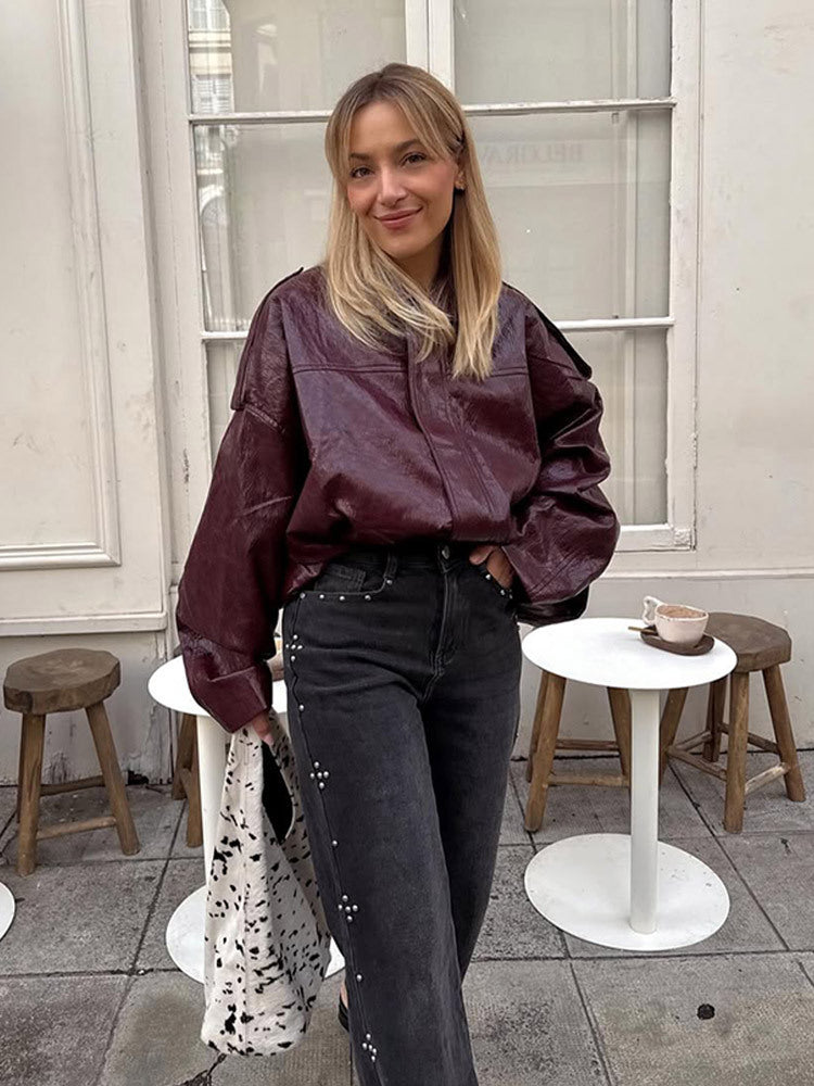 Damen Kurzblouson in glänzender Lackoptik mit Boxy‑Silhouette und überschnittenen Schultern Shop Nory