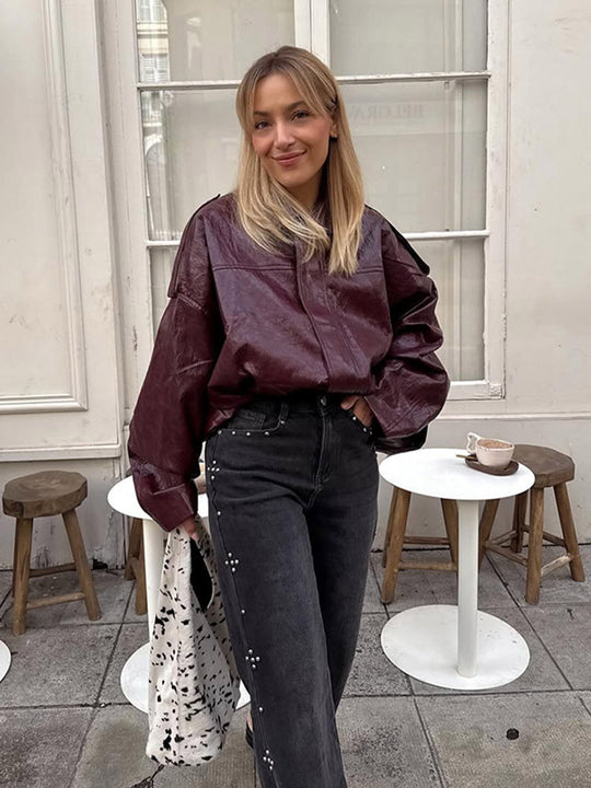 Damen Kurzblouson in glänzender Lackoptik mit Boxy‑Silhouette und überschnittenen Schultern Shop Nory