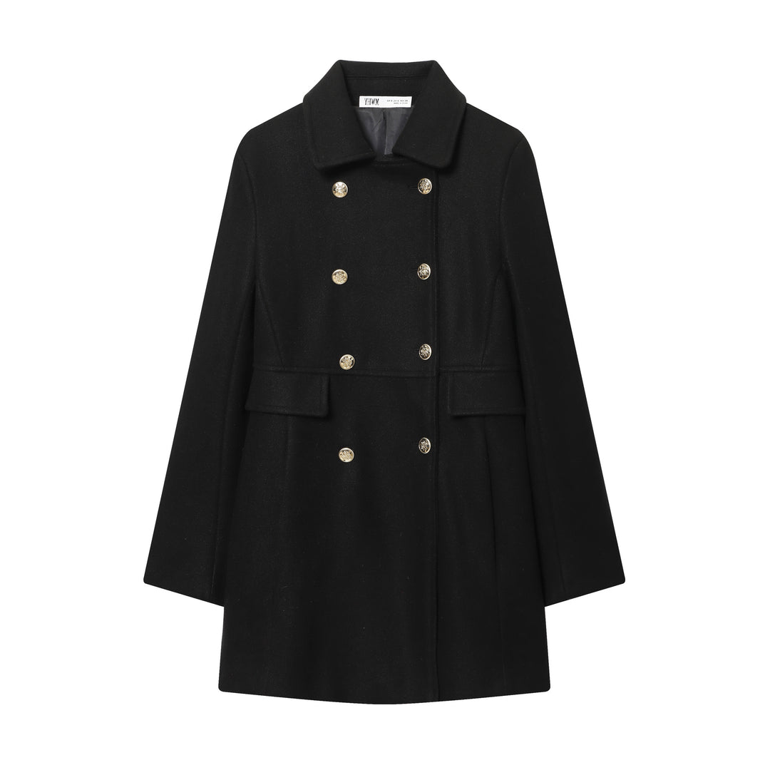 Damen Zweireihiger Wollmantel mit ausgestelltem Faltenrock und goldenen Zierknöpfen Shop Nory