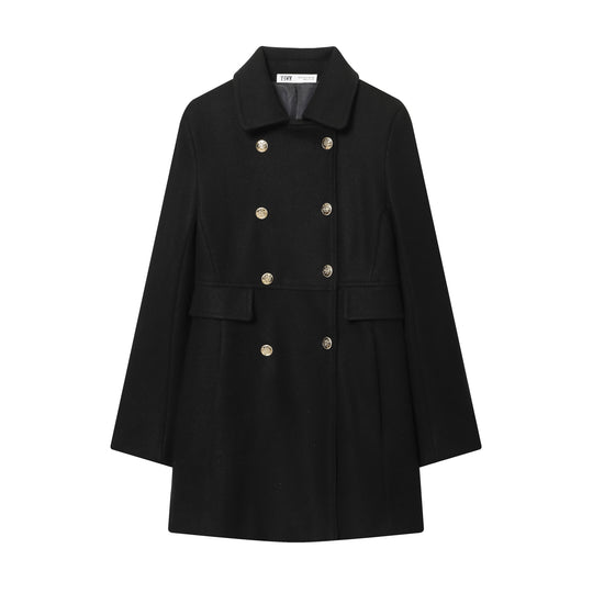 Damen Zweireihiger Wollmantel mit ausgestelltem Faltenrock und goldenen Zierknöpfen Shop Nory