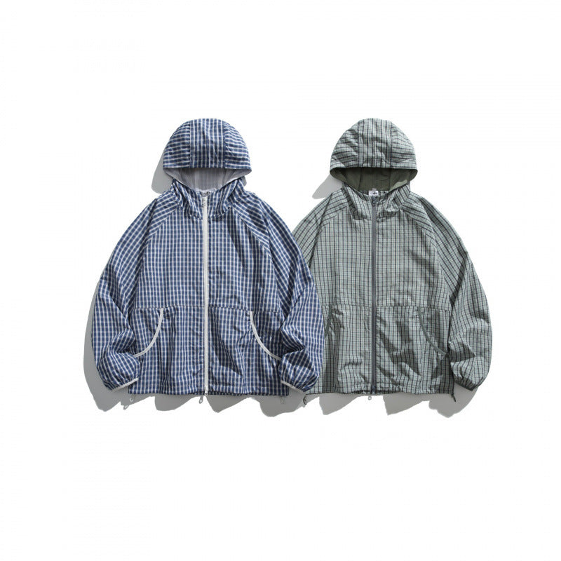 Unisex Leichte Kariert Windbreaker-Jacke mit Kapuze, Raglanärmeln und Kordelzug Shop Nory