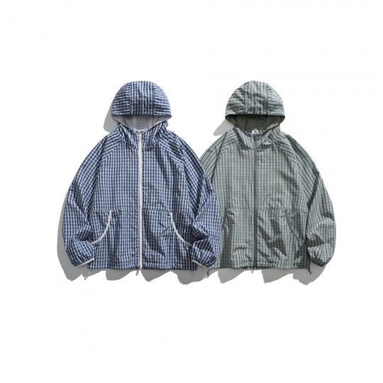 Unisex Leichte Kariert Windbreaker-Jacke mit Kapuze, Raglanärmeln und Kordelzug Shop Nory