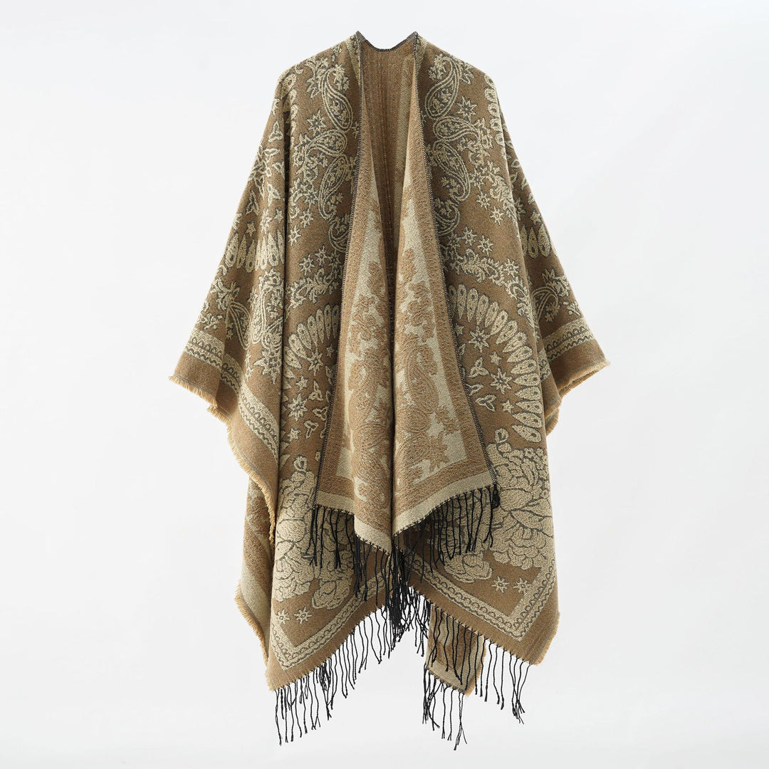 Damen Jacquard-Umhangponcho aus Wollmix mit beidseitigem Paisley-Jacquard und Fransen Shop Nory